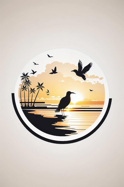 遠くのビーチの夕日の鳥のシンプルなロゴストローク