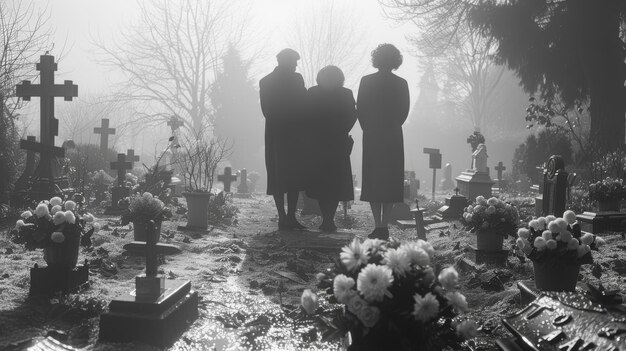 Photo farewell ceremony for the deceased cemetery tombstone sad people in black tailcoats stand near the gravestone
