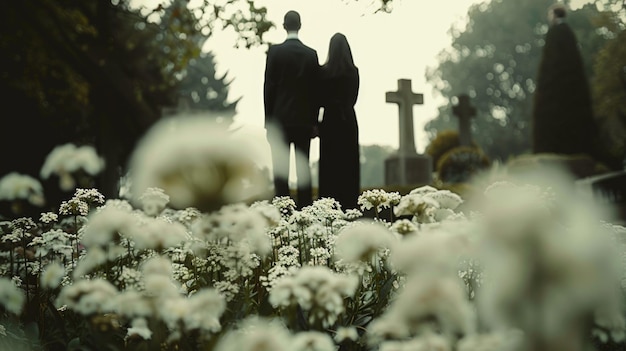 写真 亡くなった墓地の墓石の別れ式典 黒いテールコートを着た悲しい人々が墓石の近くに立っています