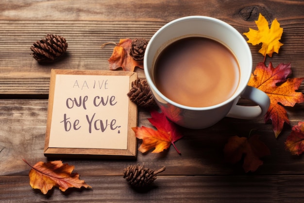 Photo farewell to summer a cup of coffee amidst autumn leaves