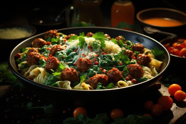 Farfalle Noodles with meatballs and spinach sauce with fried chickpeas generative IA