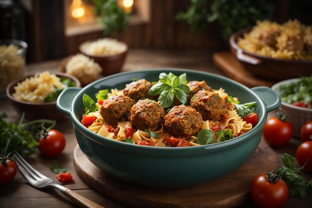 farfalle pasta durum wheat with baked meatballs of chicken fillet in tomato sauce and salad in bowl