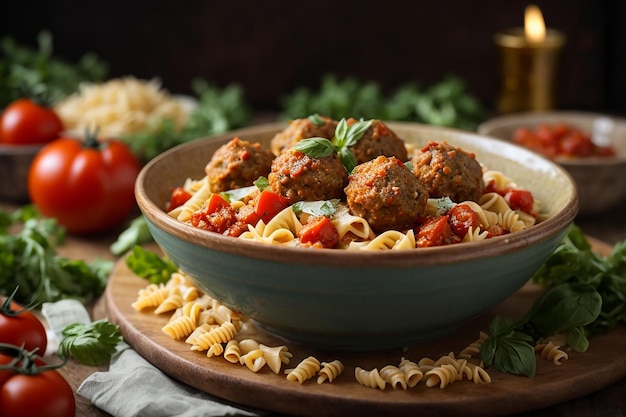 Farfalle pasta durum wheat with baked meatballs of chicken fillet in tomato sauce and salad in bowl