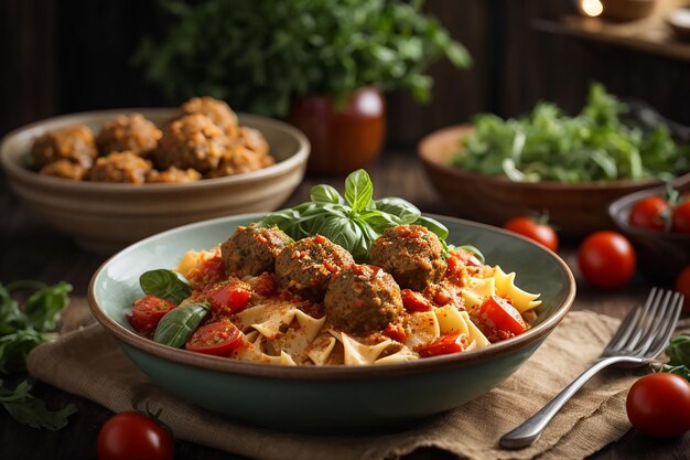 farfalle pasta durum wheat with baked meatballs of chicken fillet in tomato sauce and salad in bowl