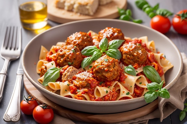 farfalle pasta durum wheat with baked meatballs of chicken fillet in tomato sauce and