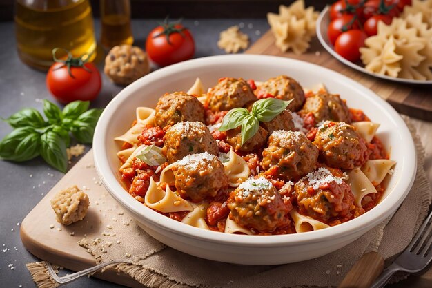 farfalle pasta durum wheat with baked meatballs of chicken fillet in tomato sauce and