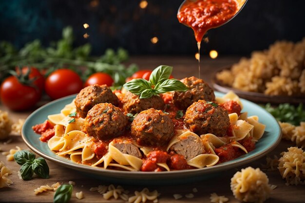 farfalle pasta durum wheat with baked meatballs of chicken fillet in tomato sauce and