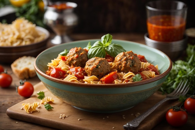 farfalle pasta durumtarwe met gebakken gehaktballetjes van kipfilet in tomatensaus en salade in kom