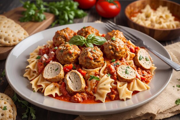 farfalle pasta durumtarwe met gebakken gehaktballetjes van kipfilet in tomatensaus en