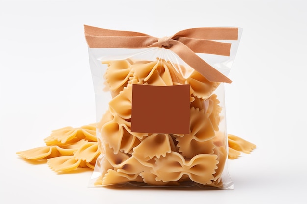 farfalle pasta in a transparent plastic bag on a white background mock up