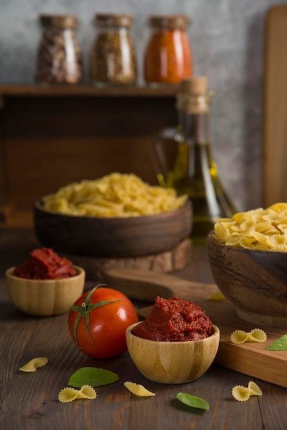 Farfalle Spaghetti italian pasta mixed resources with tomato and tomato pasta