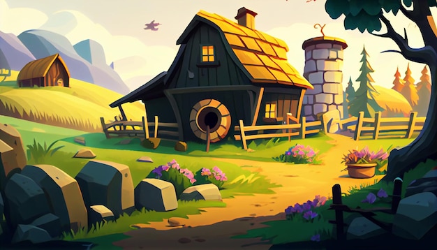 Farm 2D background environment for a mobile game A high quality horizontal background landscape Gaming template design location Generative ai