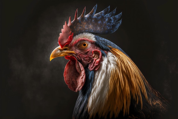 Farm animals head rooster portrait on dark background