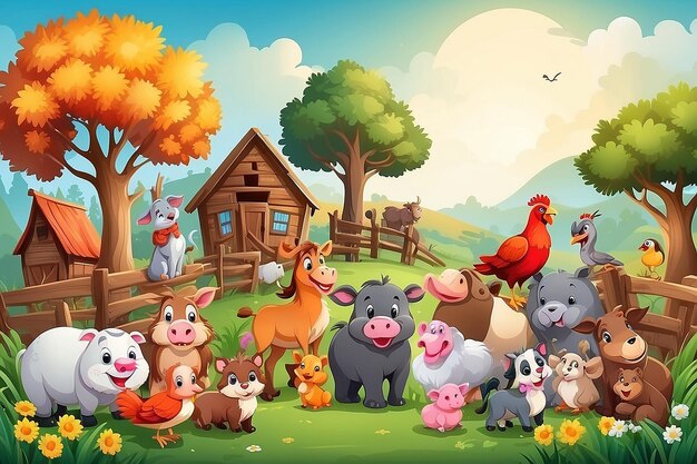 Photo farm background with happy animals