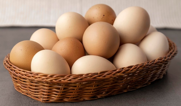 Farm chicken eggs Lots of eggs in a wicker basket close up