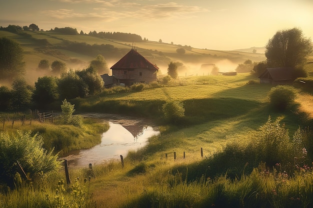 A farm in the countryside with a pond in the foreground