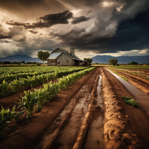 Farm under dramatic stormy sky Generative AI