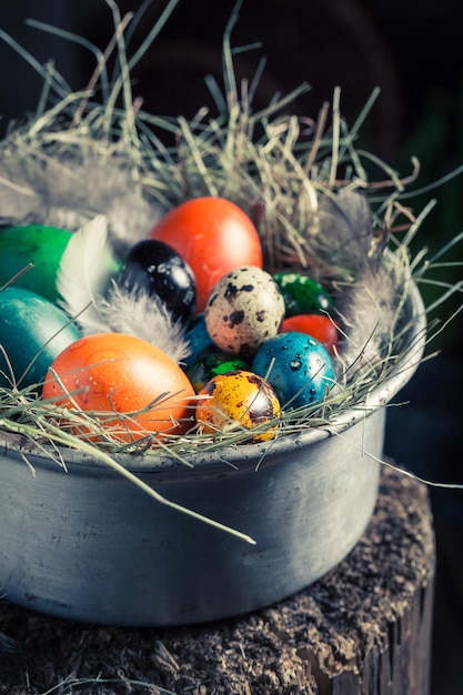 Farm Easter eggs with hay and feathers