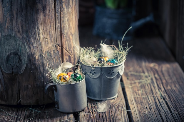 Farm Easter eggs in wooden small henhouse