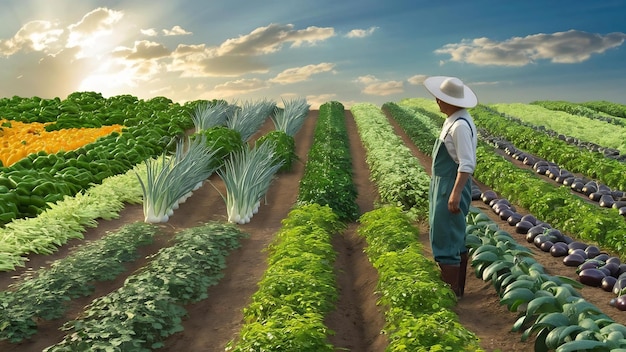 A farm field planted with pepper crops growing capsicum peppers leeks and eggplants