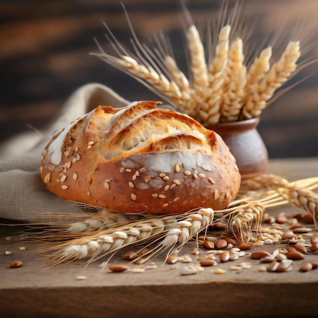 Farm Fresh Appeal Warm Bread Loaf and Wheat Sprigs on a Wooden Surface