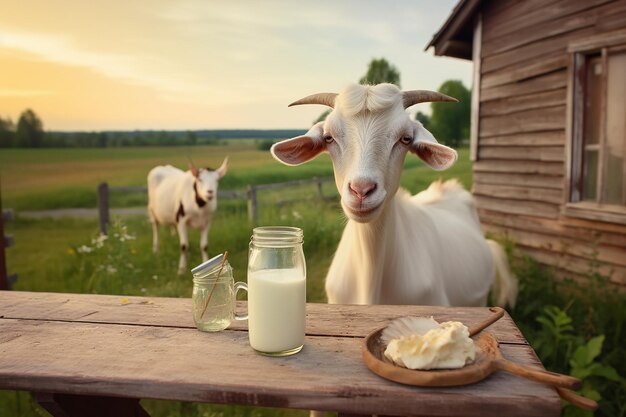 Свежее молоко на деревянном столе с пасущейся козой