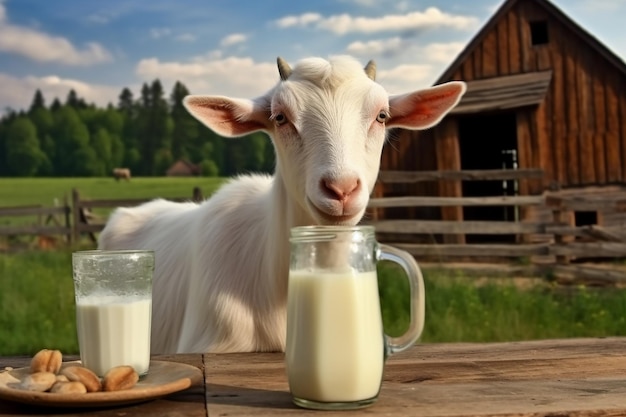 Photo farm fresh elegance fresh milk on a wooden table with a grazing goat