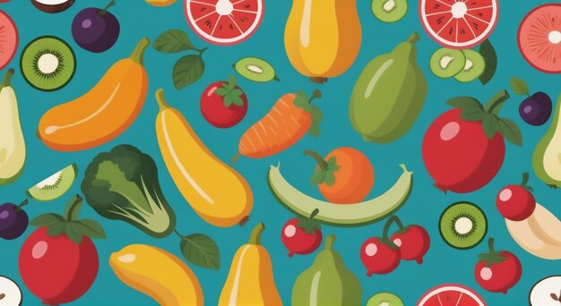 Farm Fresh Feast Seamless Vector Background with Vibrant Fruits and Vegetables