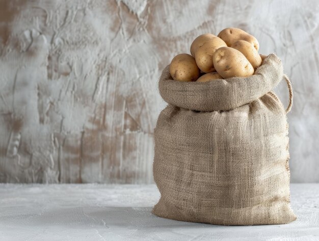 Foto un sacchetto di burlap di raccolto fresco pieno di patate