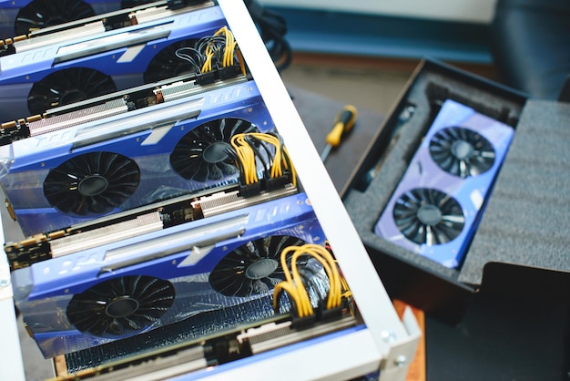 Photo farm graphics cards for mining crypto currencies.