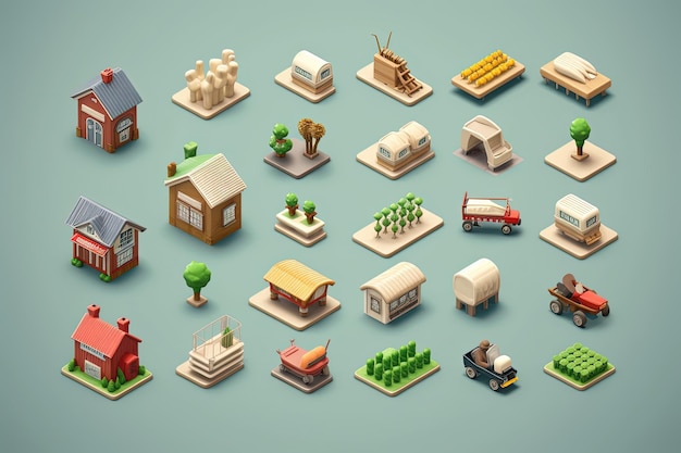 farm harvest agriculture rural isometric icons collection vector illustration