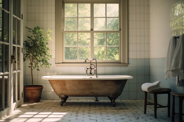 Foto il bagno di una fattoria con una vasca rustica con piedini sotto una finestra panoramica soft diff