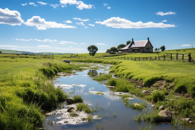 Farm house in green fields with animals generative IA