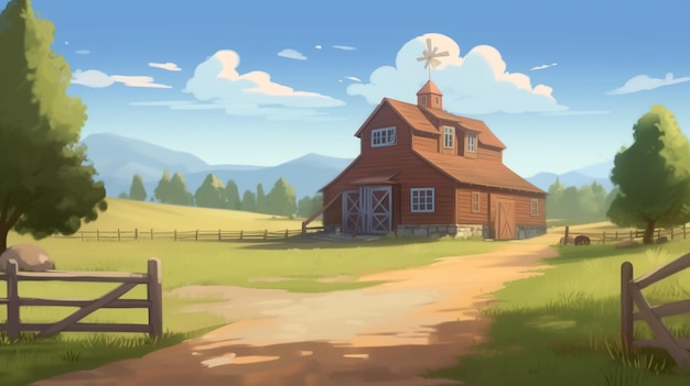 A farm house with a blue sky and clouds