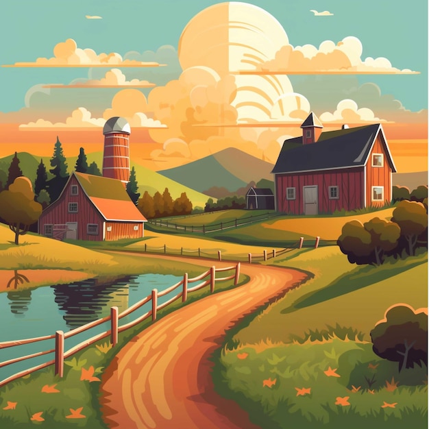 Farm landscape with red barn on sunset background Vector cartoon illustration