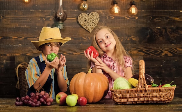 Farm market Farming teaches kids where their food comes from Kids farmers girl boy vegetables harvest Family farm Siblings having fun Children presenting farm harvest wooden background