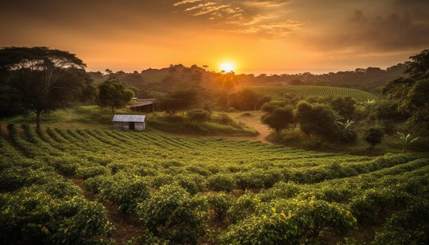 Foto una fattoria in montagna al tramonto