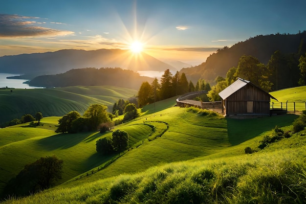 A farm in the mountains with a sunset in the background