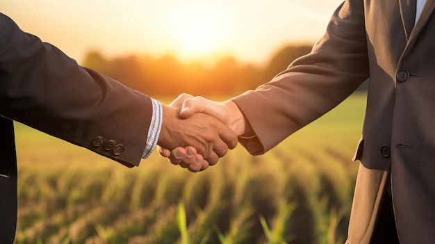 a farm owner shaking hands with a distributor after closing a deal with the farmland in the background