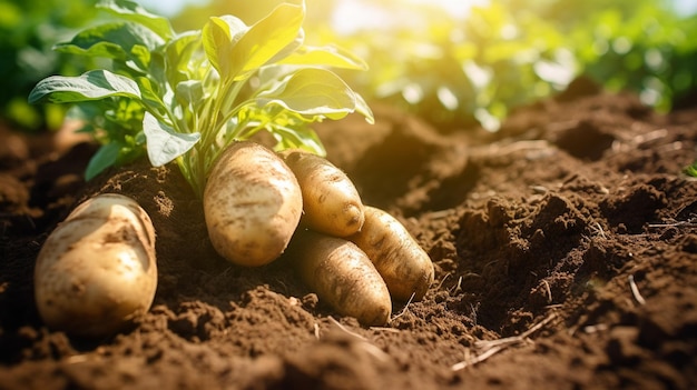 On the farm a potato bush is dug up and a shovel is nearbygenerative ai