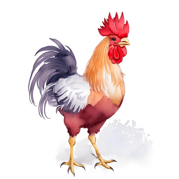 Farm rooster in Chibi style in watercolor style