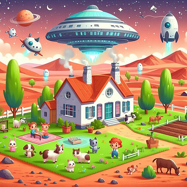 farm scene with animals and a barnn on alien planet mars