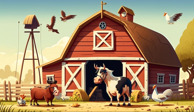 A farm scene with a barn and a cow and a cow in front of it.