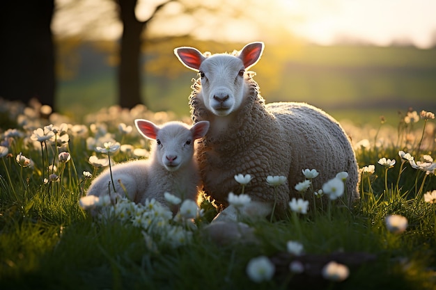 a farm scene with newborn animals like lambs and chicks Ai generated