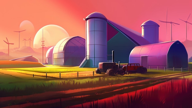 A farm in the sunset with a large barn and a large barn in the foreground.