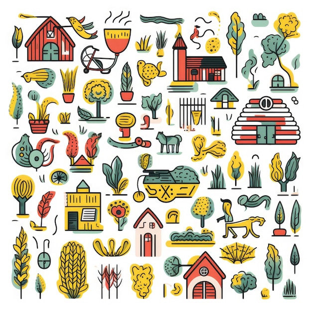 Farm supplies colorful set of doodles on white background Generative AI