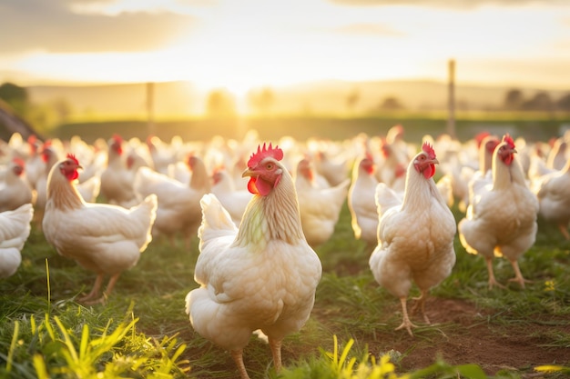 Farm sustainability and chicken flock on farm for organic poultry and livestock farming