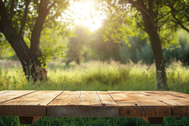 Farm table displays products on nature background