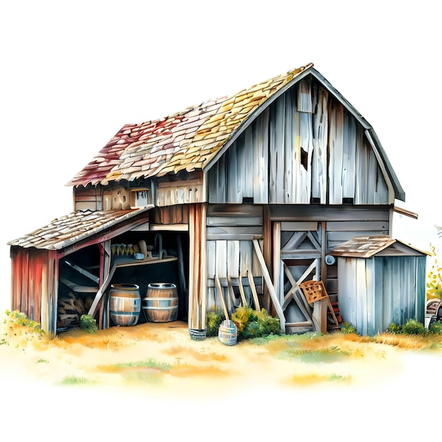 Farm theme barn shed drawing watercolor style