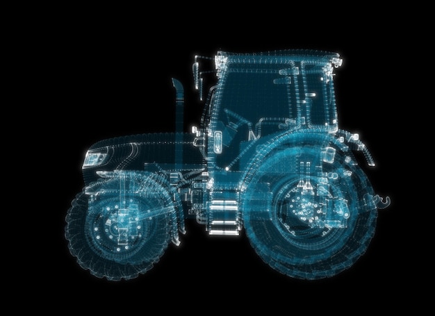 Farm Tractor consisting of glow points and lines 3d illustration Transportation and techology concept